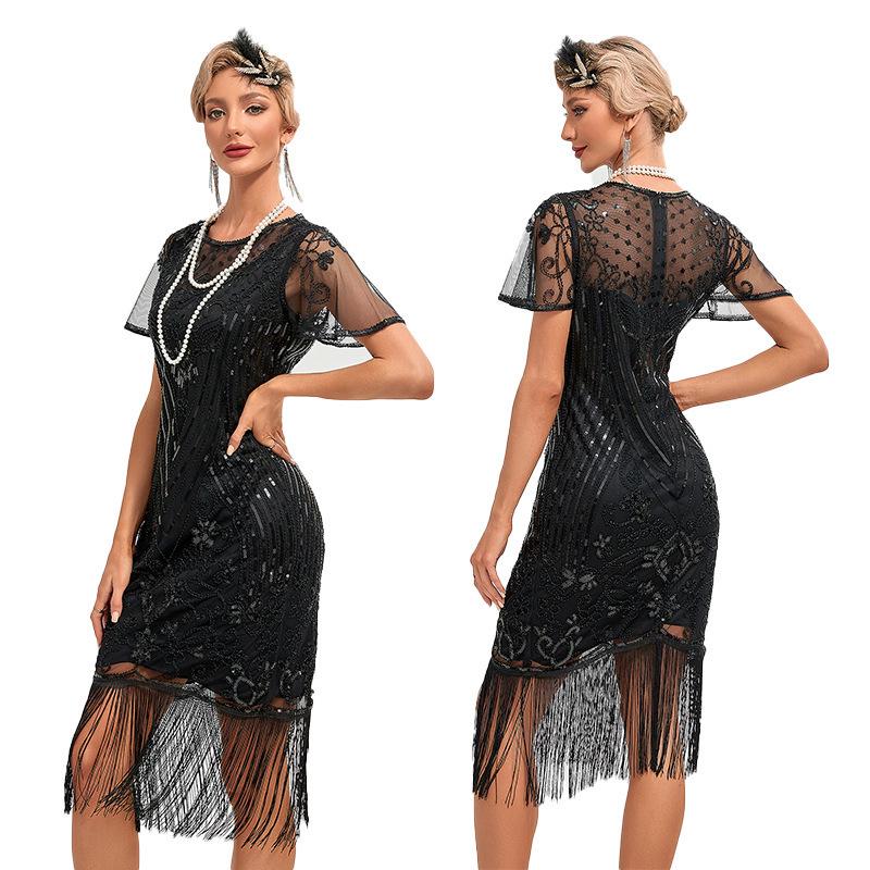 

2023 Retro Gatsby Sequin Tassel Formal Party Dress L чёрный