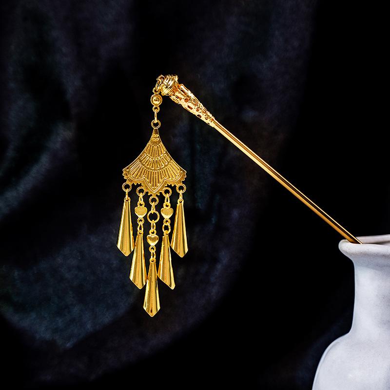 Chinese Geometric Hollow Tassel Hairpin, Ethnic Style Water Drop Leaf Hanfu Accessory for Women