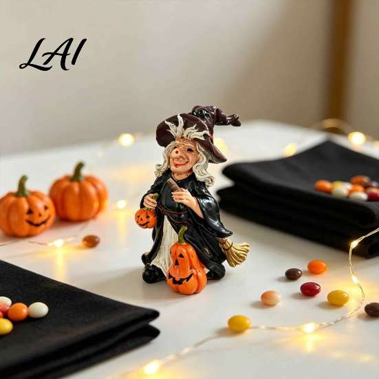 Halloween Witch Pumpkin Figurine Resin Figurine Vintage Hand-Painted Ornament Spooky Tabletop Entrance Table Accents Decor for Desk Shelf