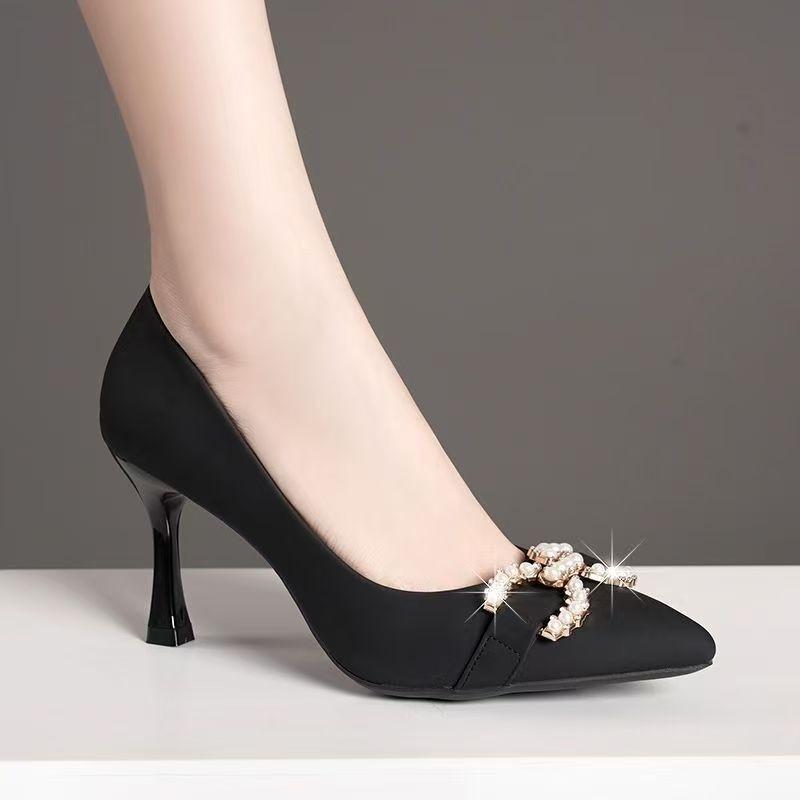 French temperament rhinestone high heels women's spring and autumn 2025 new pearl shallow mouth pointed head thin heel soft leather shoes