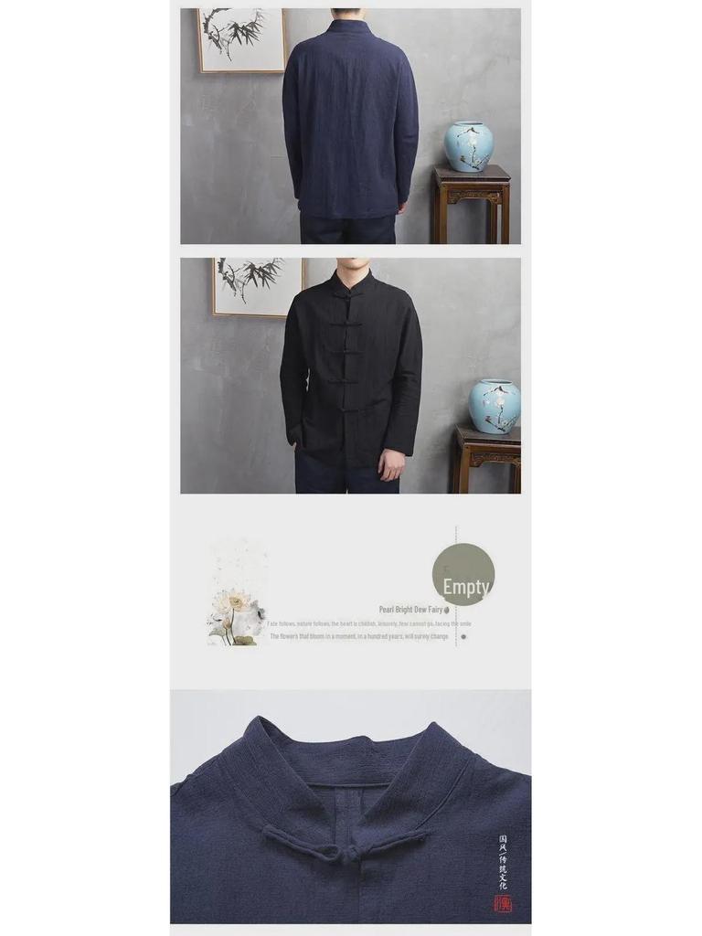 Men's Retro-Style Chinese Cotton Linen Stand Collar Shirt – Long-Sleeved for Spring and Autumn.