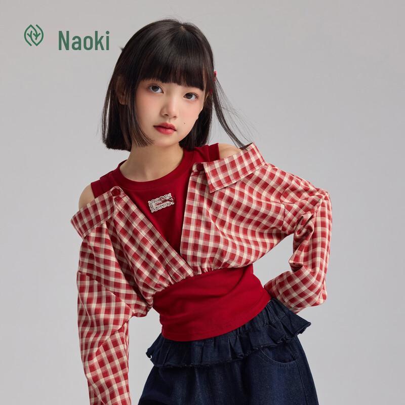 

Girl s Sweet Plaid Faux Two-Piece T-Shirt 120