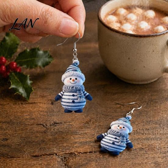 Acrylic Hangtag Earrings 1 Pair Cute Christmas Snowman Dangle Drop Earrings, Striped Design Hook Winter Holiday Party Jewelry for Women Anti-rust Ear