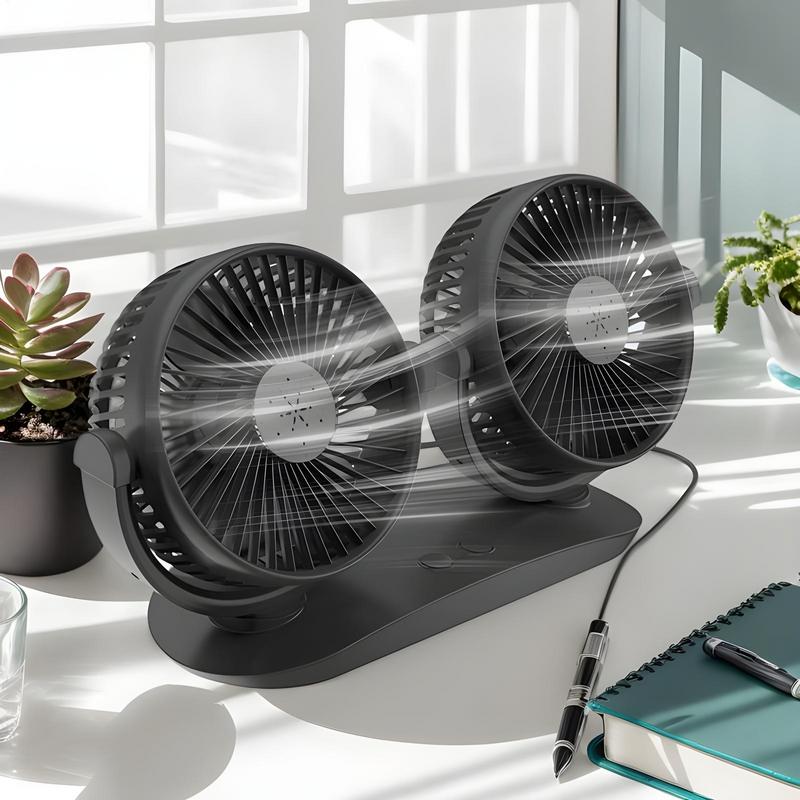 Portable Car Fan Double Head USB Desk Fan Strong Wind 360-Degree Rotation Cooling Air Circulator Dashboard Accessories For SUVs