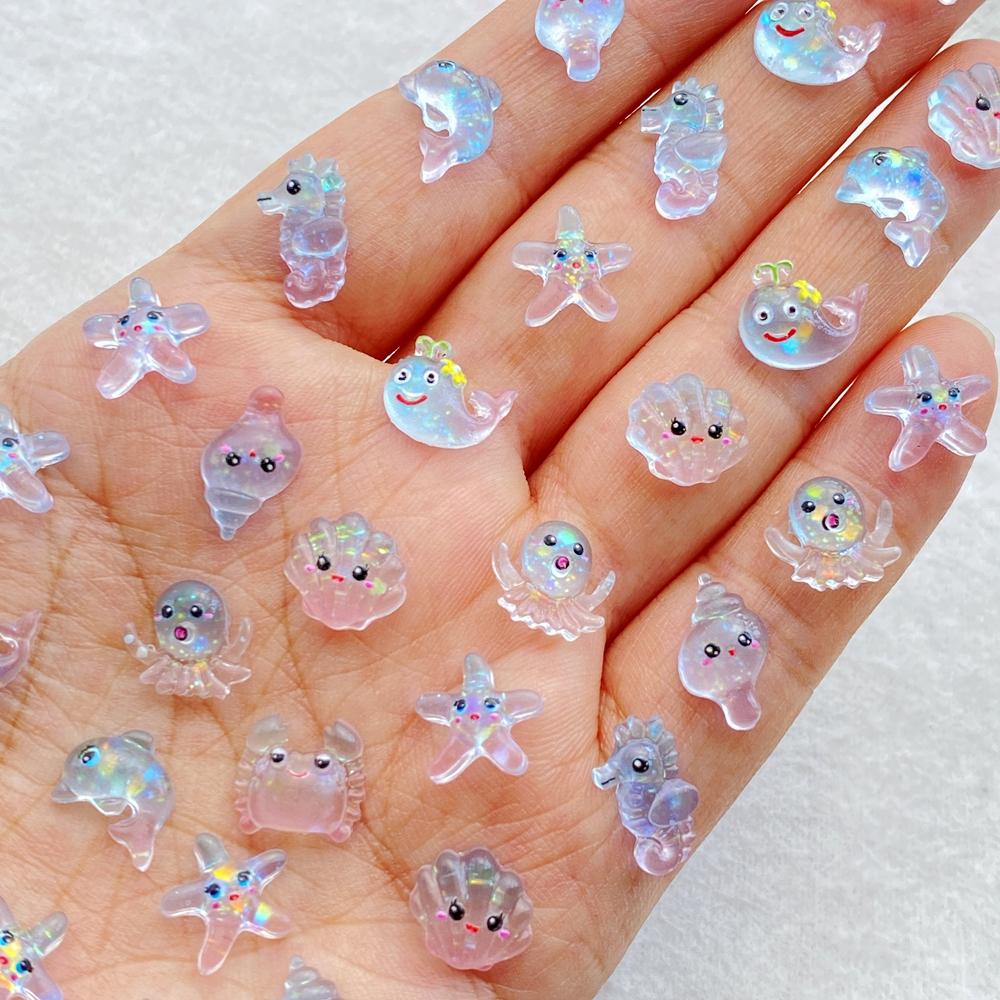 60pcs Resin Mini Blue Jellyfish Seahorse Starfish Pearl Shell Art Nail Flat Back Rhinestone DIY Scrapbook Christmas Crafts