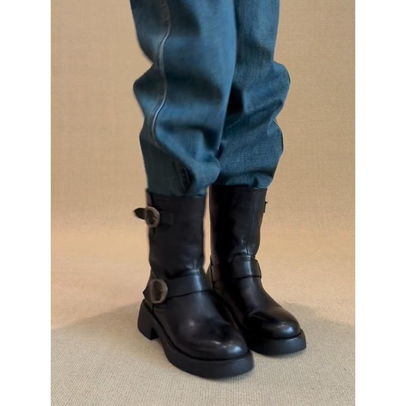 Cowhide version retro belt buckle genuine leather locomotive boots Martin boots women's versatile British style platform knight boots short boots