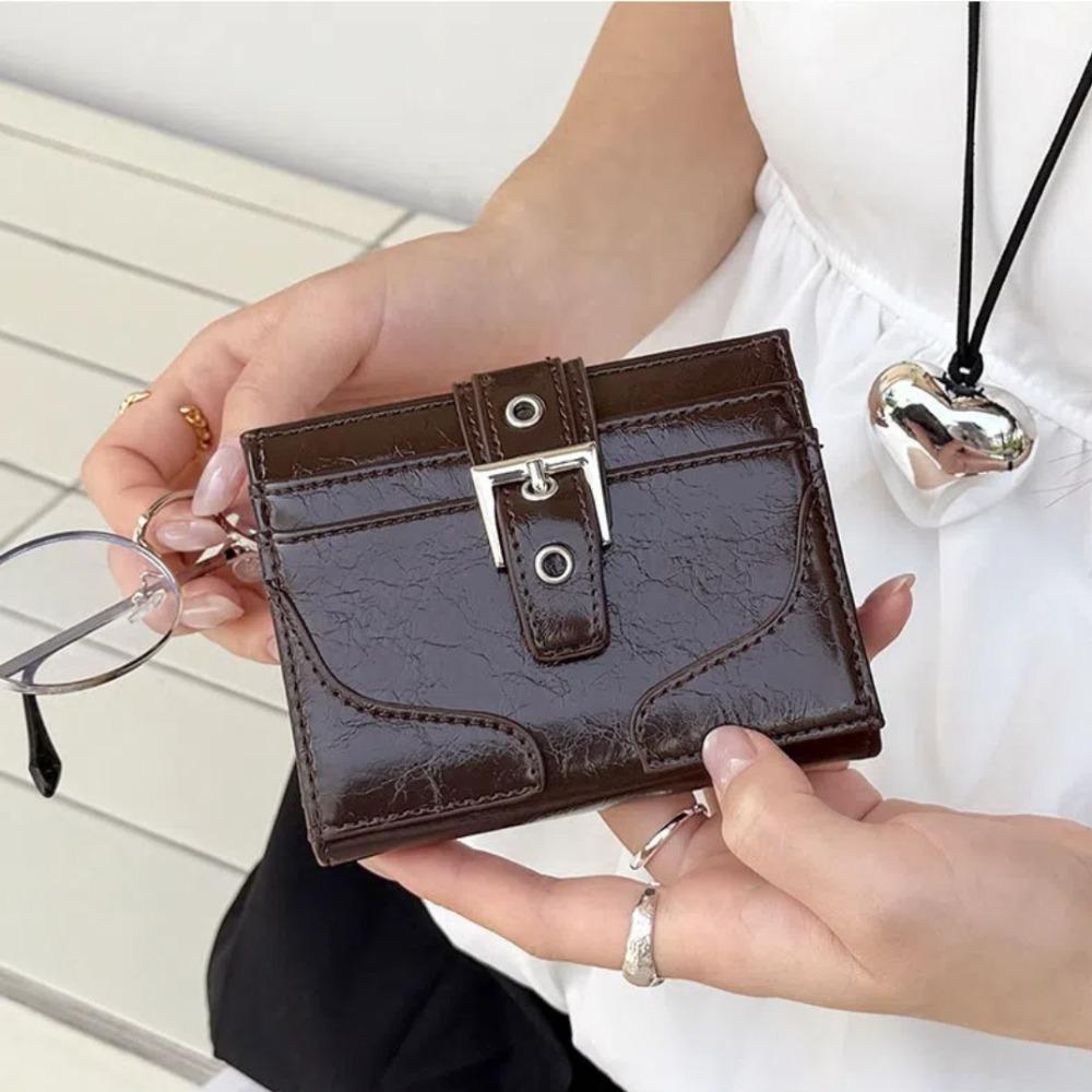 Women Silver Leather Card Holder Ultra-Thin Mini Buckle Coin Purse Portable Wallet Cute Bank Credit Id Bag Multi-Card Slot