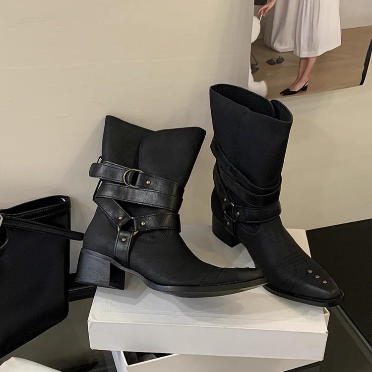 

Cowhide version~ retro style brown pleated stacking boots women s European and American style embroidered western boots wide tube flat bottom medi 40