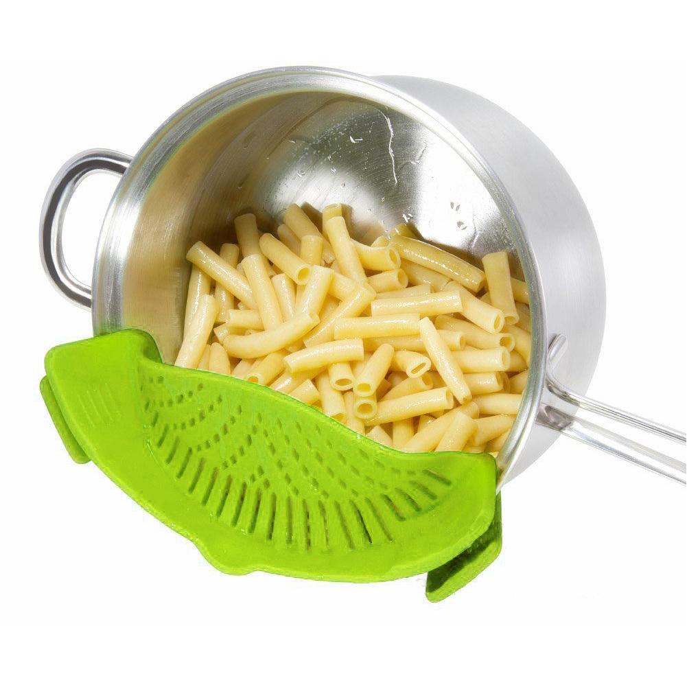 Clip-on Green Silicone Pasta Snap Strainer Dishwasher Safe Colander Universal Size Fit Most Pans Suitable for Draining Pasta Vegetables Potatoes etc