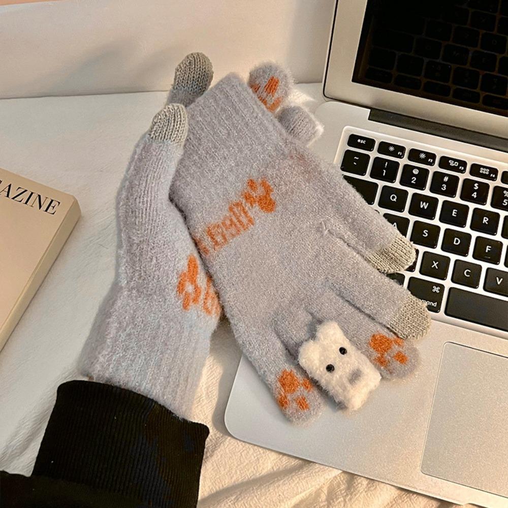 

Утепленные теплые перчатки Мишка Перчатки с полными пальцами Милые плюшевые перчатки для зимы Женские Девичьи серый