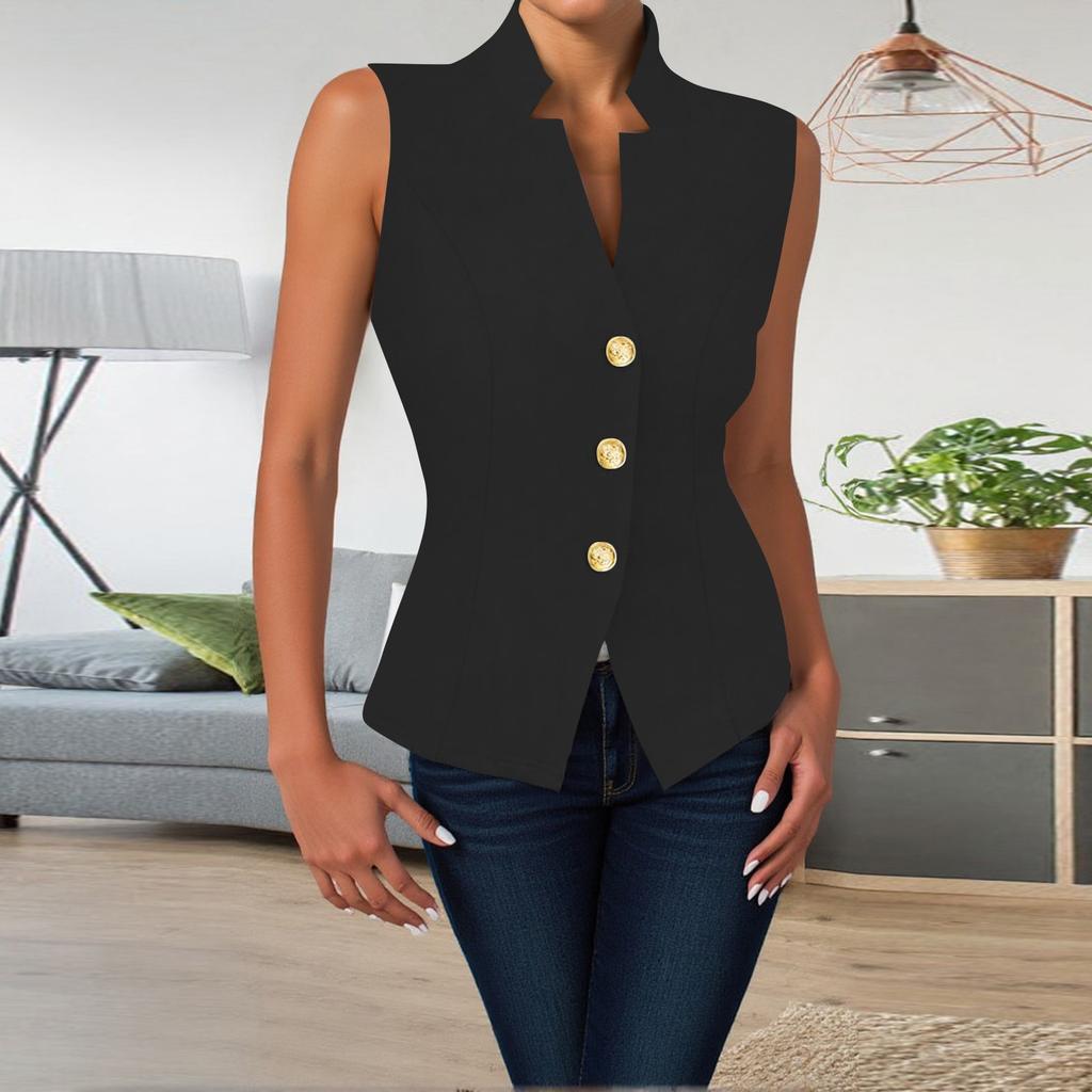 Dámská módní jednobarevná vesta na dojíždění s knoflíky