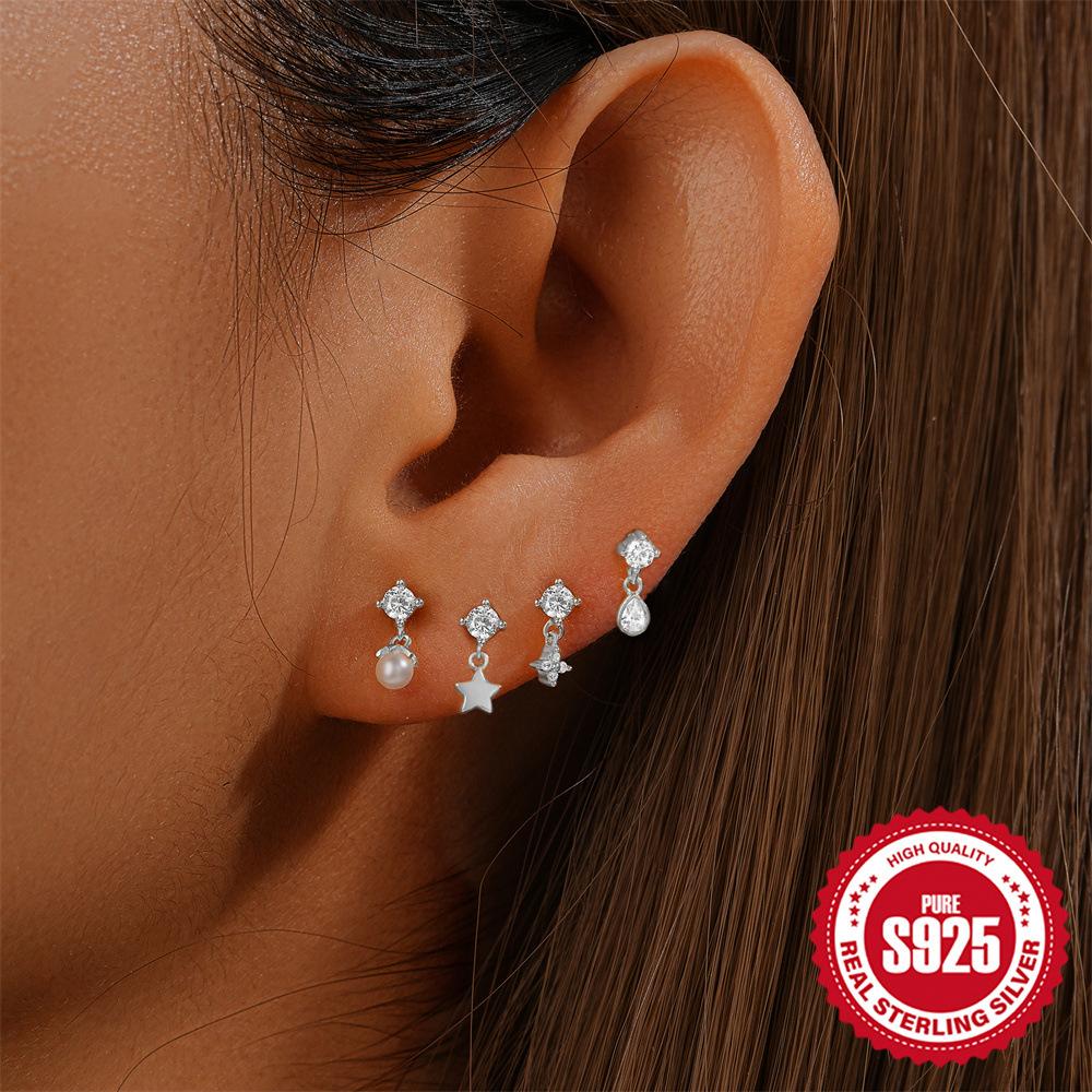 Einfache S925 Sterling Silber Persönlichkeit Geometrische Diamant Set Flache Kopf Innengewinde Pentagramm Perle Piercing Ohr Knochen Nagel