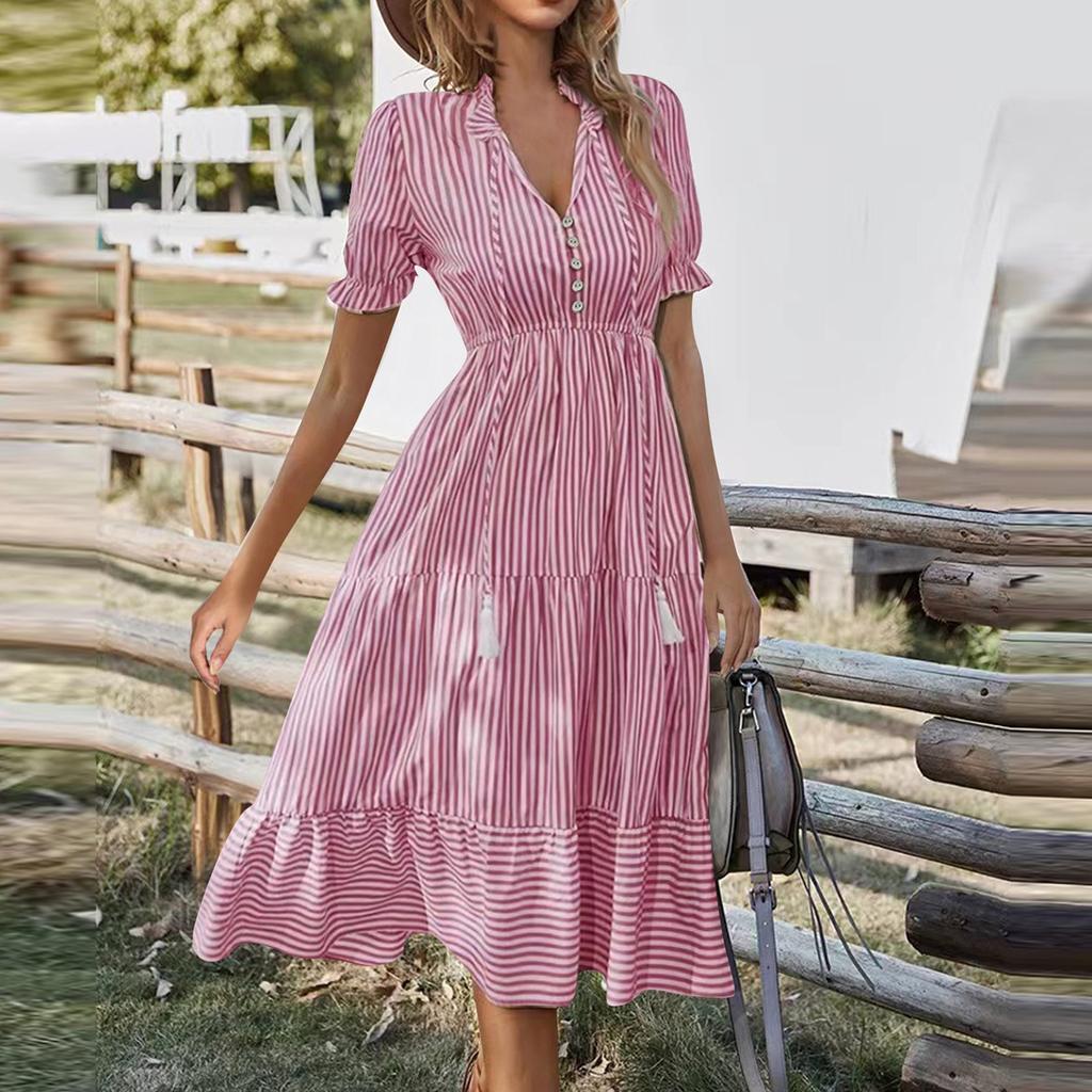 Women's New Summer  Striped V-neck Elastic Waist Short Sleeve Swing Dress