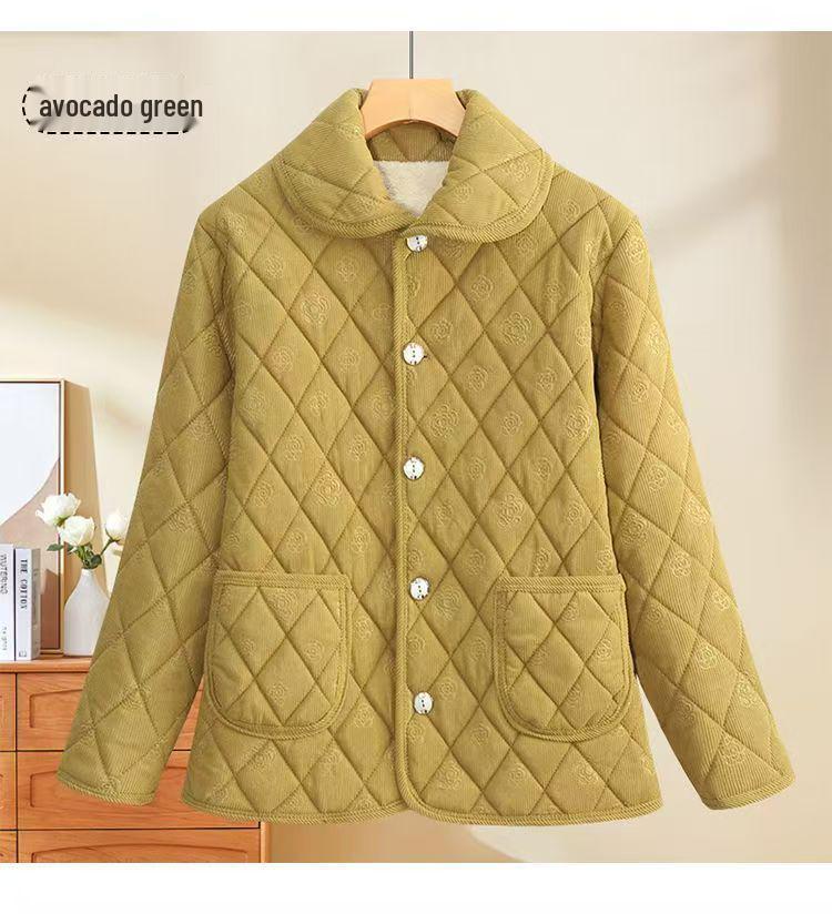

Mid-aged & Elderly Women s Fleece-Lined Corduroy Jacket - Large Collar, Thickened, Embossed, New Chinese Style for Autumn/Winter 3XL (45-60kg) оливковый
