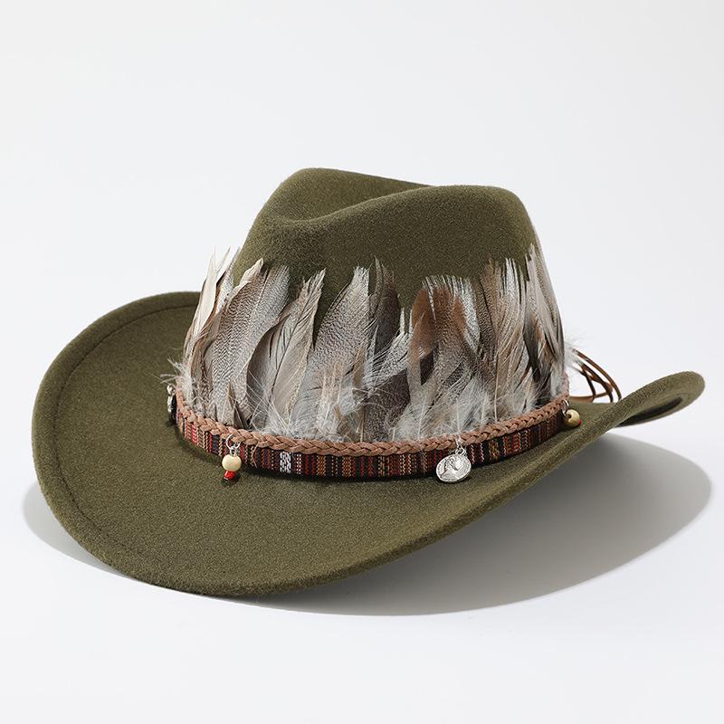 Autumn and winter new woolen top hat men and women couple hat minority style feather decorative western cowboy hat