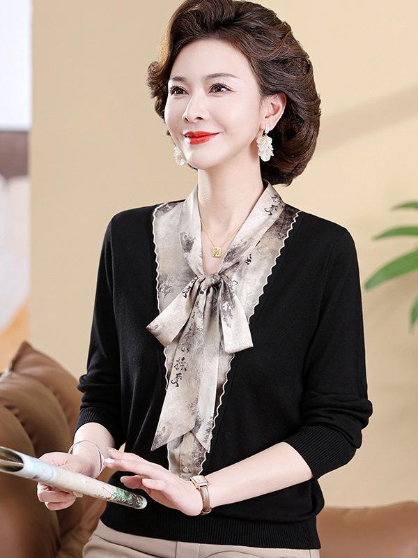 Chic Spring Knit Lapel Long Sleeve Blouse for Mid-Aged Women - 2026 Collection XL (Recommended 120-135 jin)
