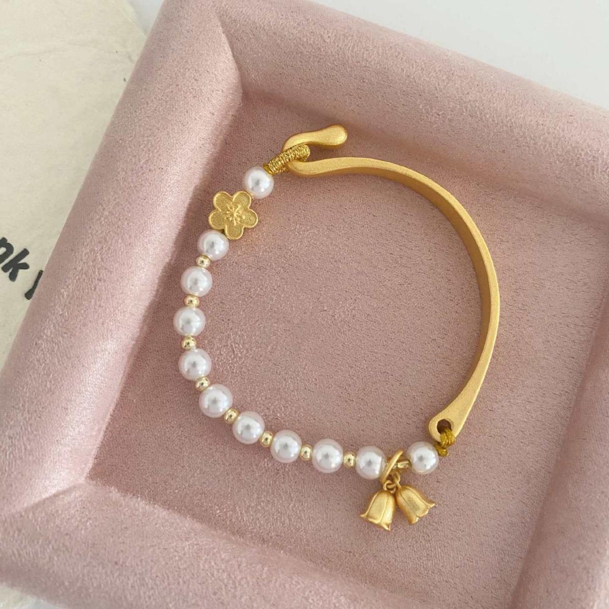 Sand Gold Lily of the Valley Pearl Bracelet - Elegant Chinese National Style High-End Jewelry