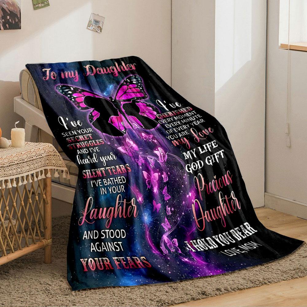 A pink butterfly and silhouettes with heartfelt text on a cosmic background. for all seasons blanket lunch break throw gift