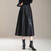 High-Waisted Genuine Leather Midi Skirt for Women - Autumn/Winter 2025 Collection with Elastic Hem