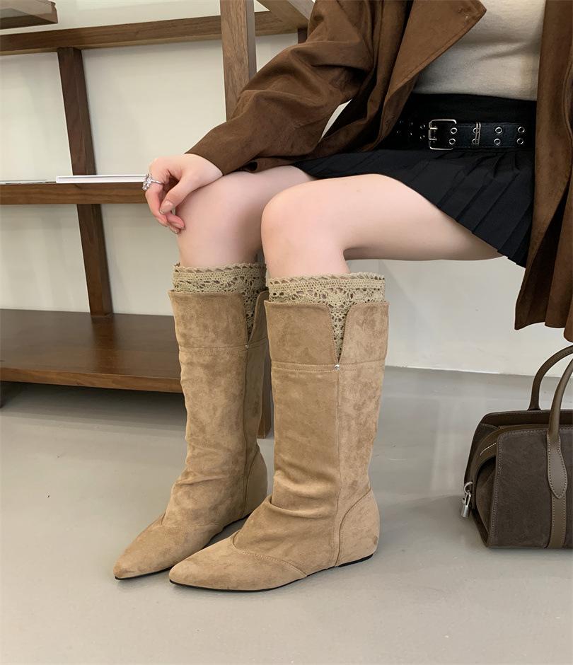 

2025 осень и зима новая внутренняя высота увеличение острый замшевый ворс рыцарские ботинки женские ботинки тонкие высокие ботинки женщины 39 хаки