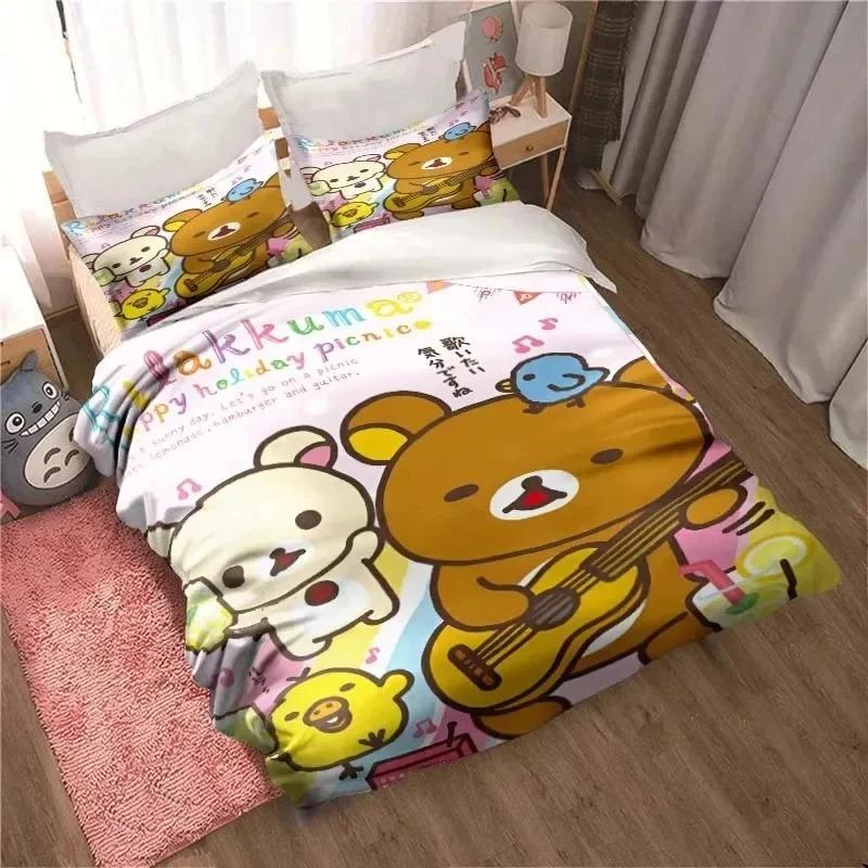 Cute Rilakkuma Bear Kawaii Bedding Set 3D Printed Suitable For Bedroom Duvet Cover Set With Pillowcases Kids Home Textile