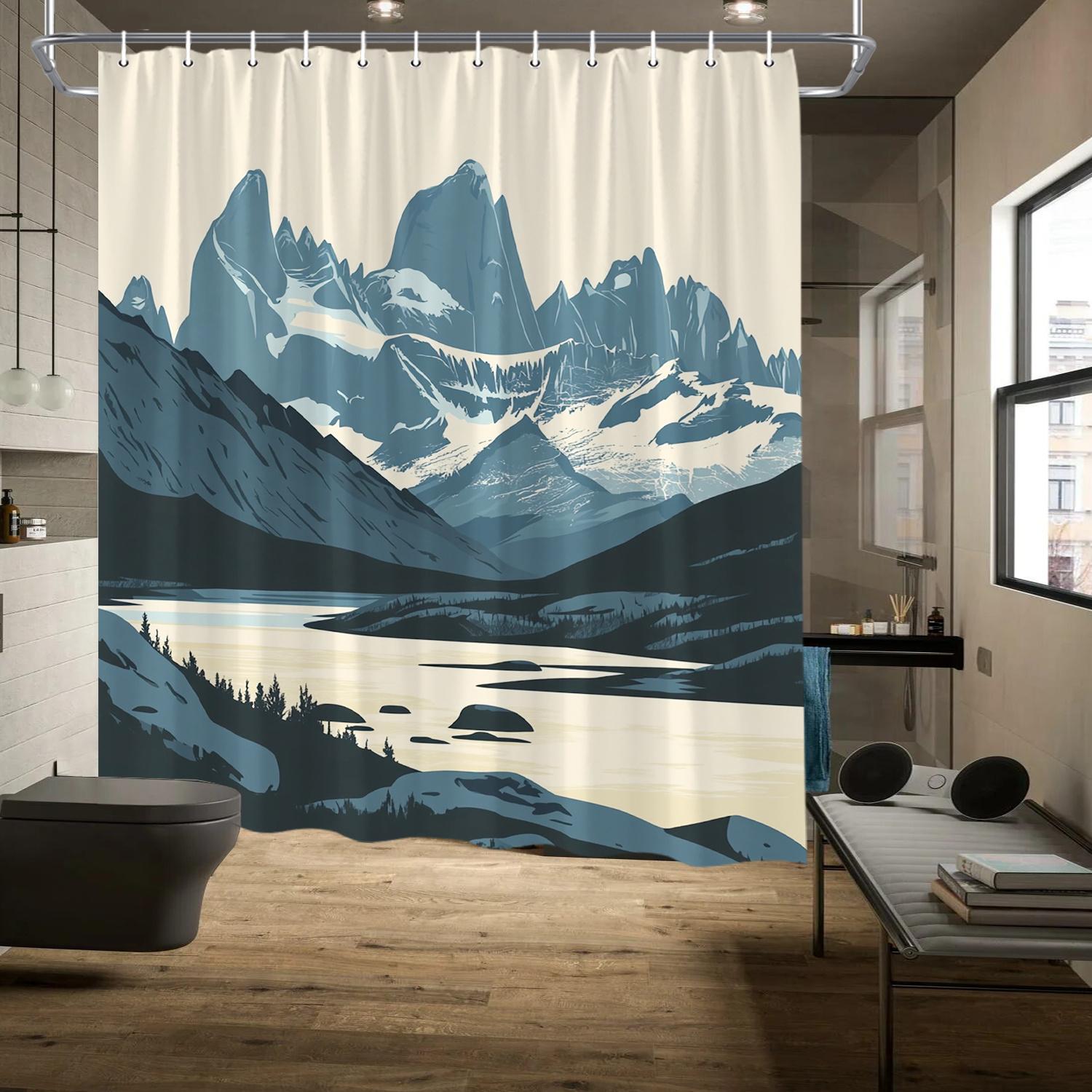 Home&Kitchen Accessories Light Minimalist Mountain Tranquility Shower Curtain, Snow-Capped Peaks & Lake Design, Polyester, Serene Bath Decor