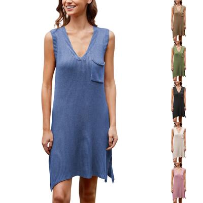 Ladies Casual Fashion New V-neck Slit Sleeveless Loose Large Size Dress