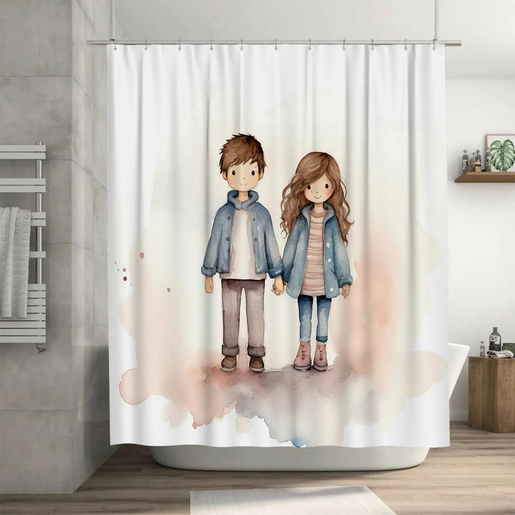 Simple and Elegant Cute Couple Shower Curtain - Watercolor Design, Waterproof & Mildew-Resistant for Bathroom Decor