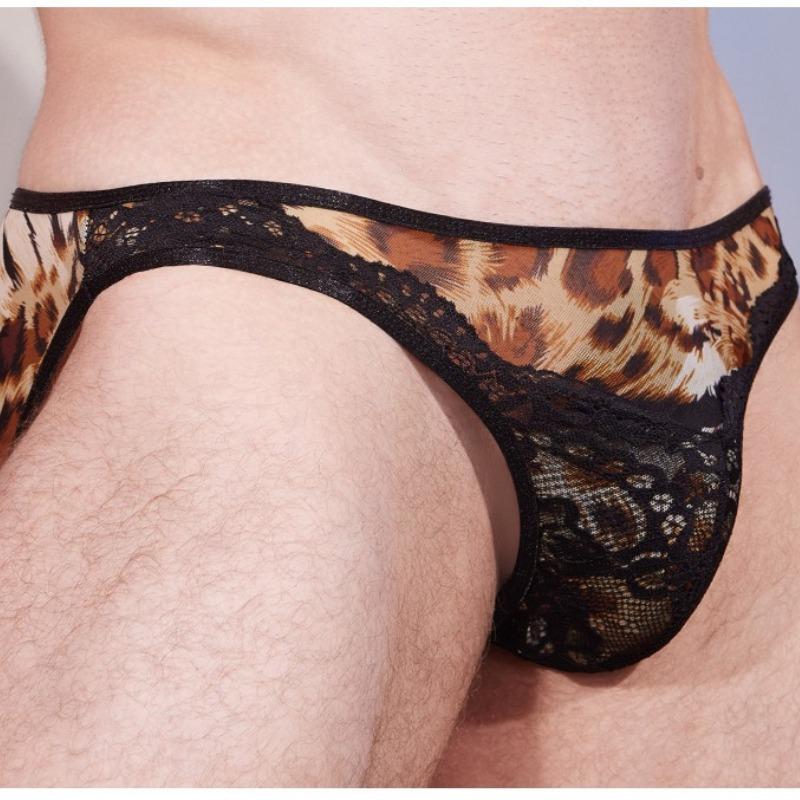 Lace Leopard Patchwork Sexy Briefs Men'S Ultra-Thin Silky Breathable Underwear Gay Erotic U Convex Sheer Underpant Crossdressers