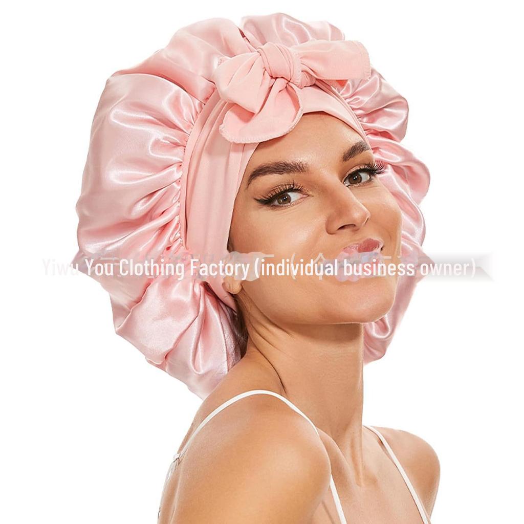 Elastische Schlaf- und Duschhaube aus Satin mit breiter Krempe für Damen – einfarbig, Größe L