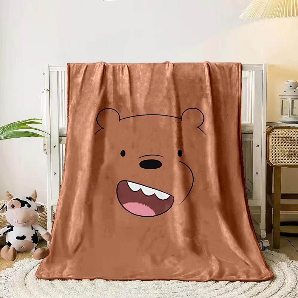 A smiling cartoon bear face on a solid brown background. for all seasons blanket lunch break throw gift 80cm x 120cm