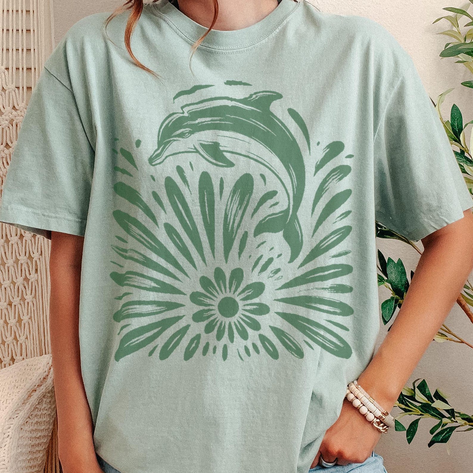 Dolphin Ocean Energy Linocut T-Shirt | Unisex Comfort Colors Tee Jumping Dolphin Sun beams boho beach surfer Vibe 120