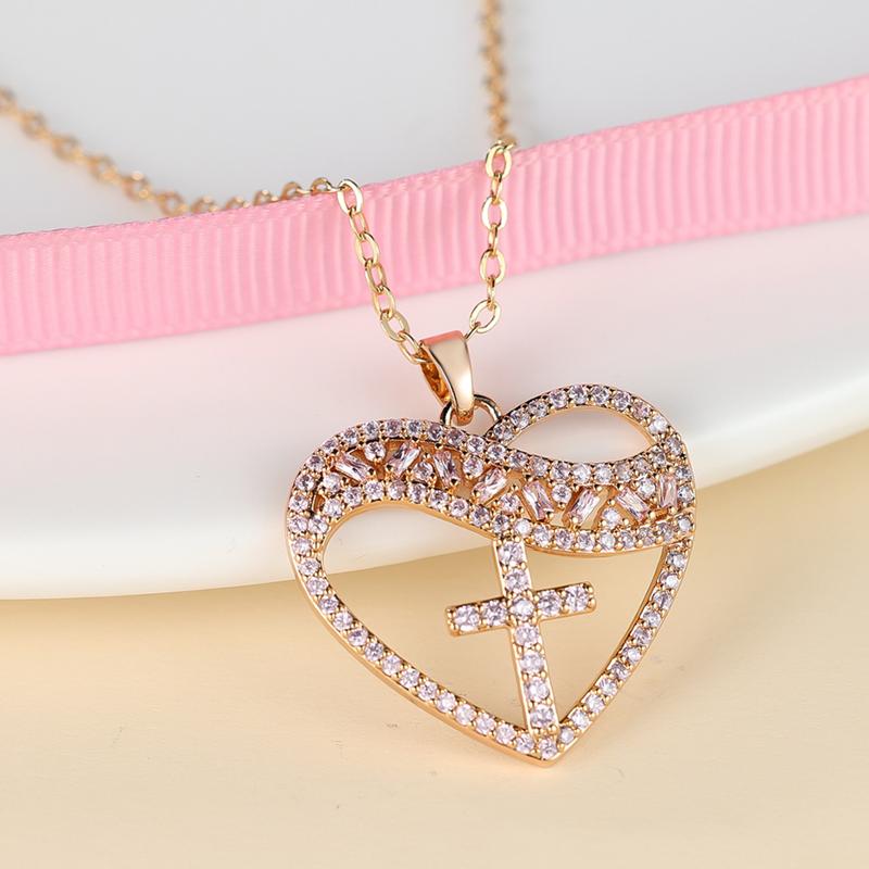Women's Heart With Cross Necklace Love Heart White Cubic Zirconia Gold Color Clavicle Chain Gift