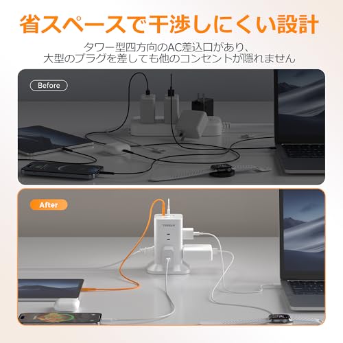 TESSAN Tower-Style Power Strip with Slim Plug Extension Cord, 2m, 8 AC Outlets, 1 USB-C Port, and 2 USB-A Ports, Compatible with Octopus-Type Outlets,