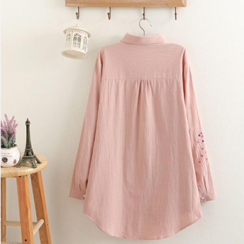 Spring Plus Size 6XL Women's Mid-length Embroidered Cotton and Linen Shirt Women's Loose Fashion Plus Size Shirt