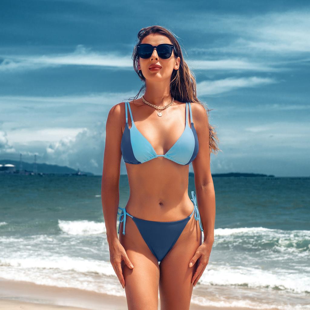 CHARMLEAKS Damski strój kąpielowy bikini Trójkątny sznurek Kolorowy blok Seksowne dwuczęściowe kostiumy kąpielowe z dekoltem w kształcie litery V