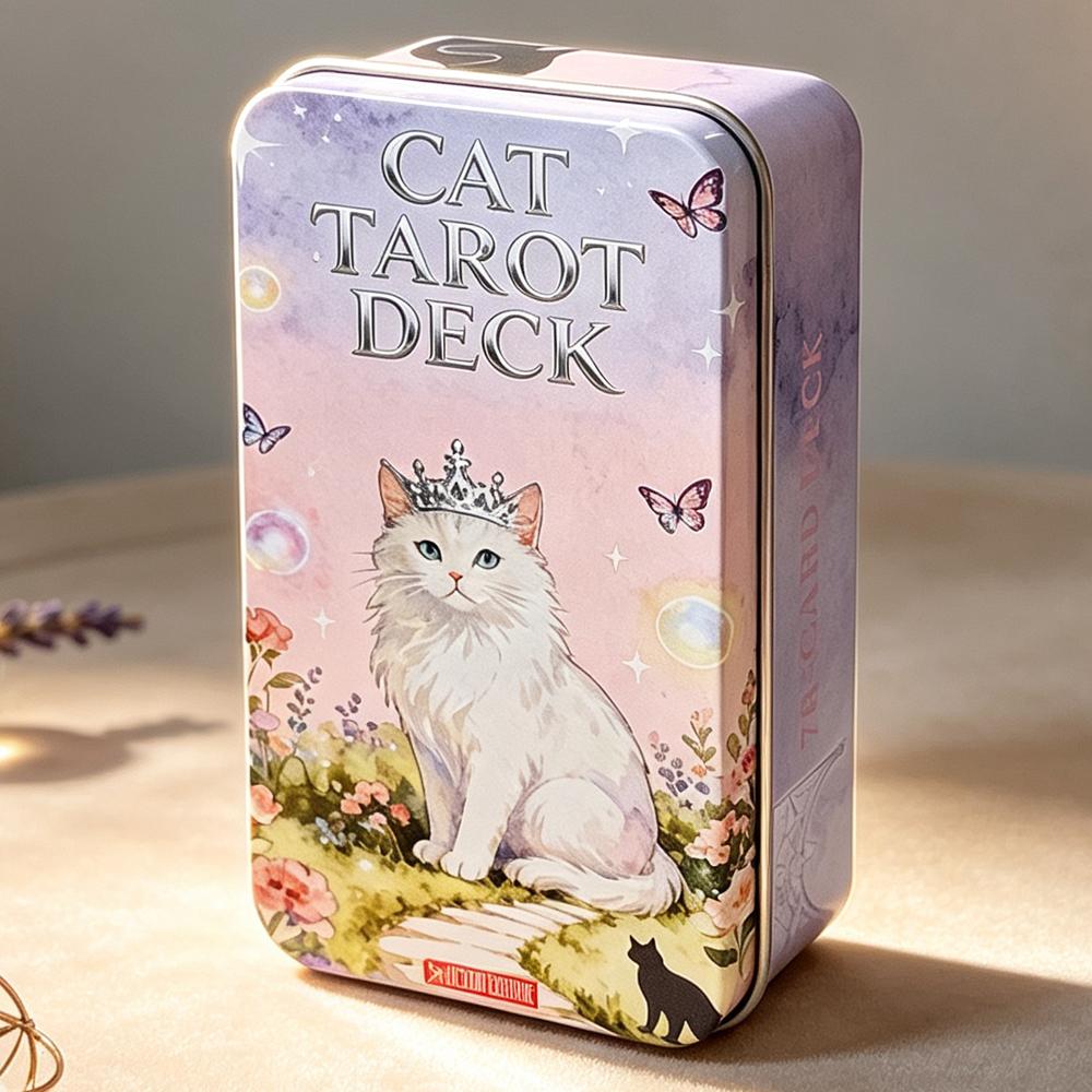 Baraja de Tarot del Gato 78 Cartas con Guía, Tarjetas de Tarot con Temática de Gato Blanco Lindo 11*6.2cm Cartas de Adivinación en Caja de Lata Portátil