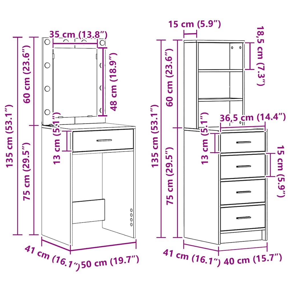 Makeup Table 2 pcs Gray 50 x 41 x 135 cm Engineered Wood