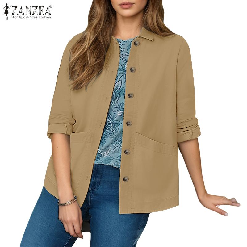 ZANZEA Women Casual Turn Down Collar Loose Long Sleeve Blouse