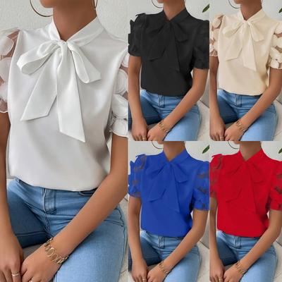 Women's Summer Bow Tie Neck Satin Blouse 3D Floral Mesh Short Sleeve Solid Color Elegant Commuter Office Casual Shirt Top