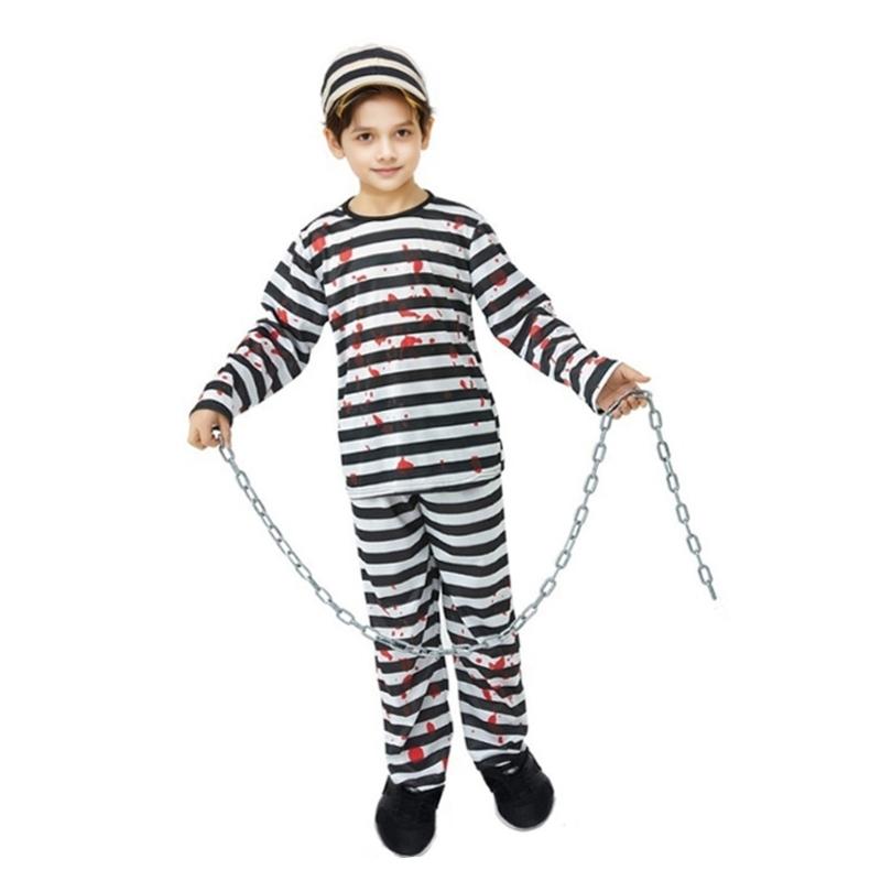 Kids Halloween Prisoner Costume Set With Faux Plastic Chain And Striped Hat For Cosplay Role Play Party