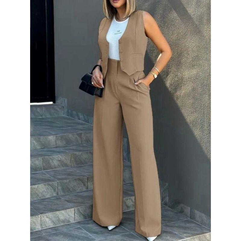 Suit Waitcoat Wide-Leg Pant Suit Vest Loose Pants Casual Two-Piece Suit Women