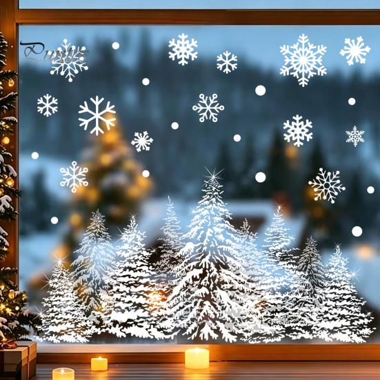 PVC Window Decals Christmas Tree Snowflake Static Sticker, Double-sided Cling Decal, Seasonal Glass Stickers Reusable for Parties Holiday Winter