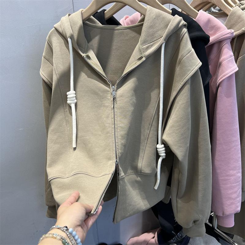 

Толстовка с капюшоном на двойной молнии, короткая куртка, женская, весна-осень, универсальный нишевый топ, кардиган S