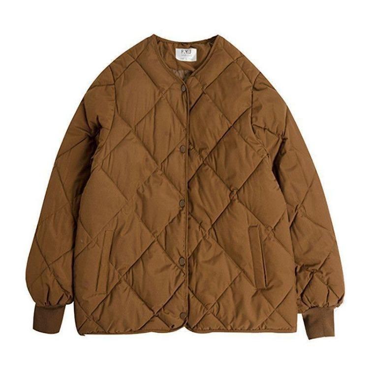 Winter Light Loose Women Down Jacket Rhombus Grid Collarless Round Neck Cotton Padded Small Coat