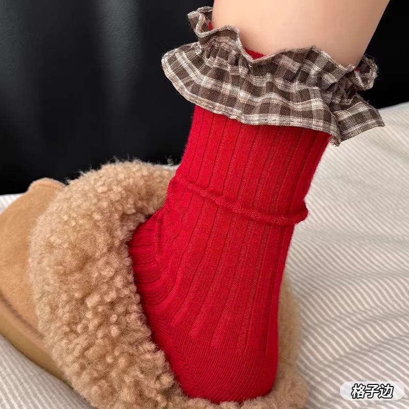 Chaussettes Mi-Mollet à Carreaux Rétro avec Nœud Épaissies Chaudes Dentelle de Ballet Chaussettes Empilées pour Mollets Chaussettes du Nouvel An