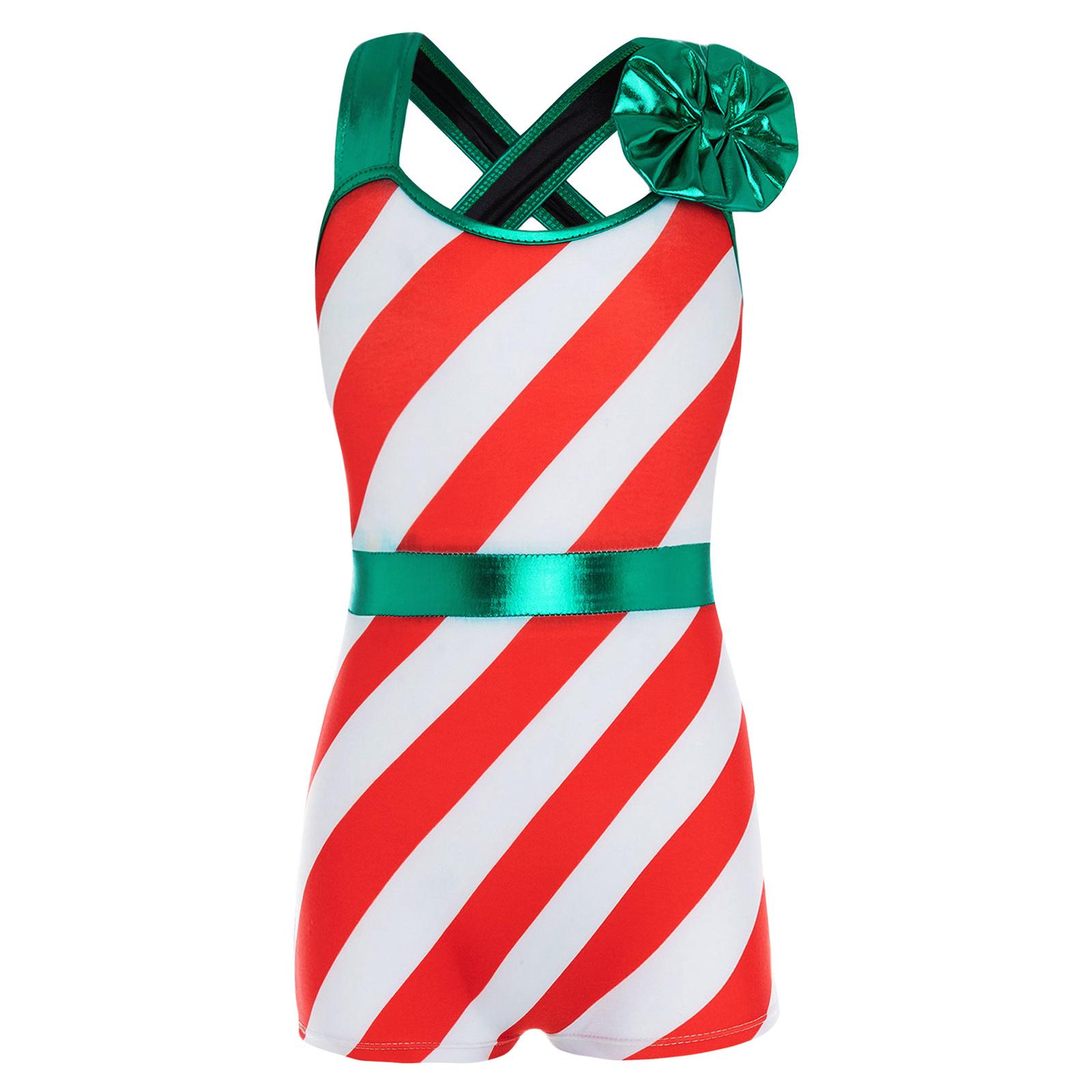 

Girls Christmas Costume Wide Shoulder Straps Sleeveless Stripes Print High Waist Short Jumpsuit Holiday Wear 5-6 Years червоний