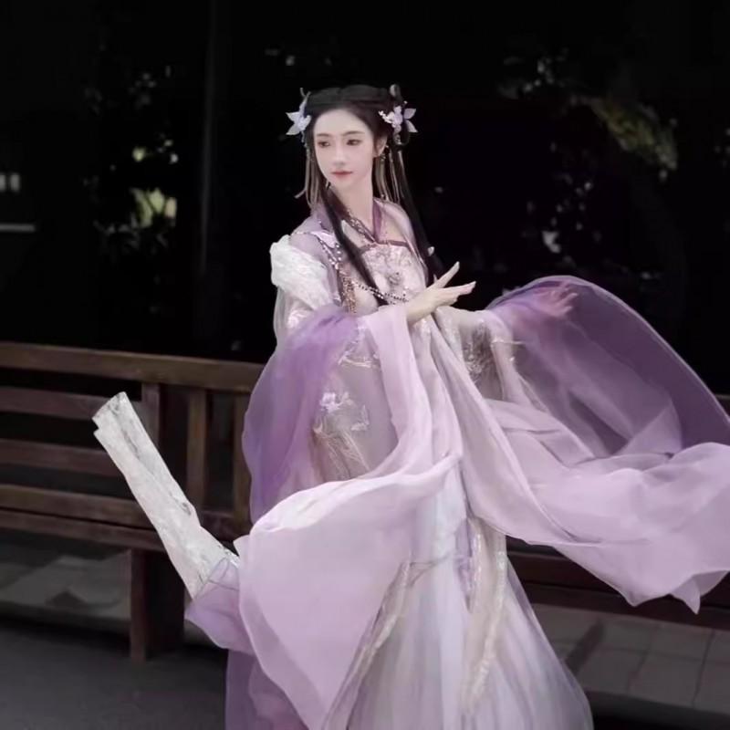 Womens Tang Dynasty Inspired Embroidered Hanfu Set With Wide Sleeves Peony Print Chest-Tie Skirt Scarf