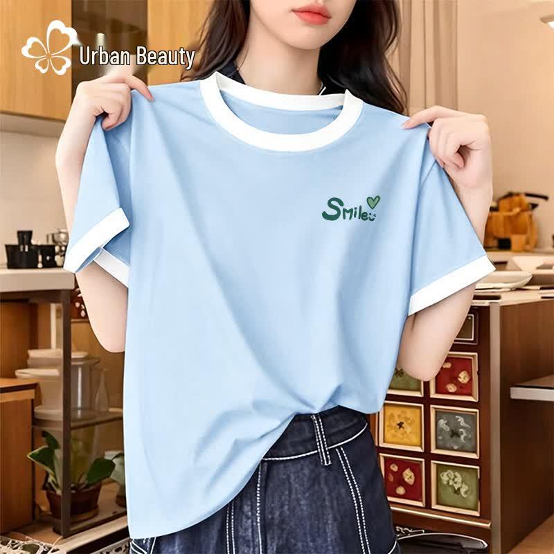 Urban Beauty Women s Pure Cotton Color-Block Short-Sleeve T-Shirt 2XL