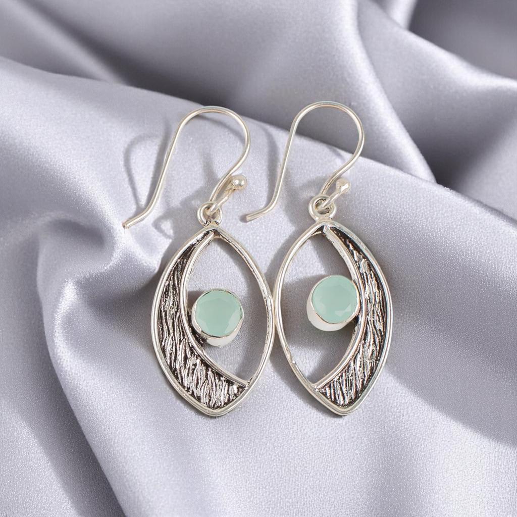 Aqua Chalcedony Gemstone 925 Sterling Silver Jewelry Handcrafted Earrings 1.60" EE-61-17